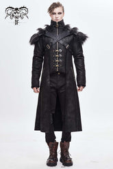 Cape en fourrure noire avec col montant, boucle métallique à l'avant, boucles sur la poitrine, longue fourrure, manteau punk pour homme